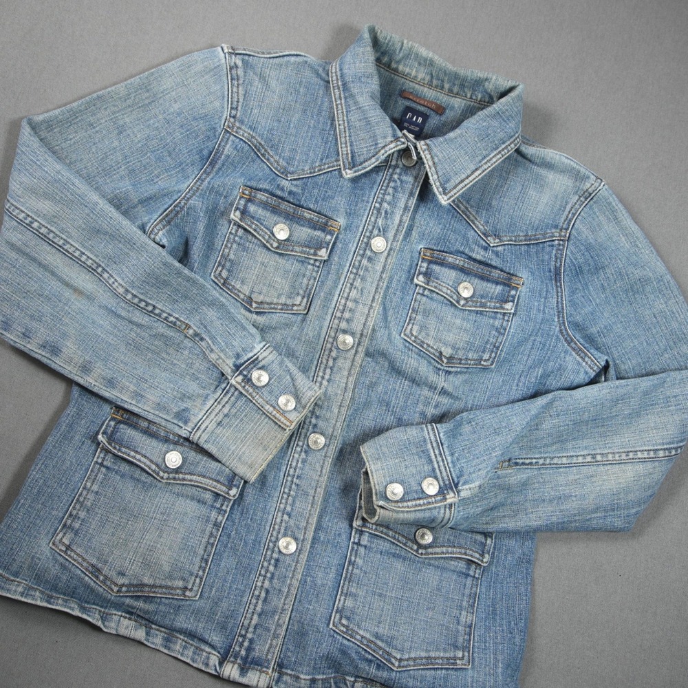 VTG Y2K GAP Western Faded Denim 4 Pocket Women Trucker Jacket M Cowgirl Stretch